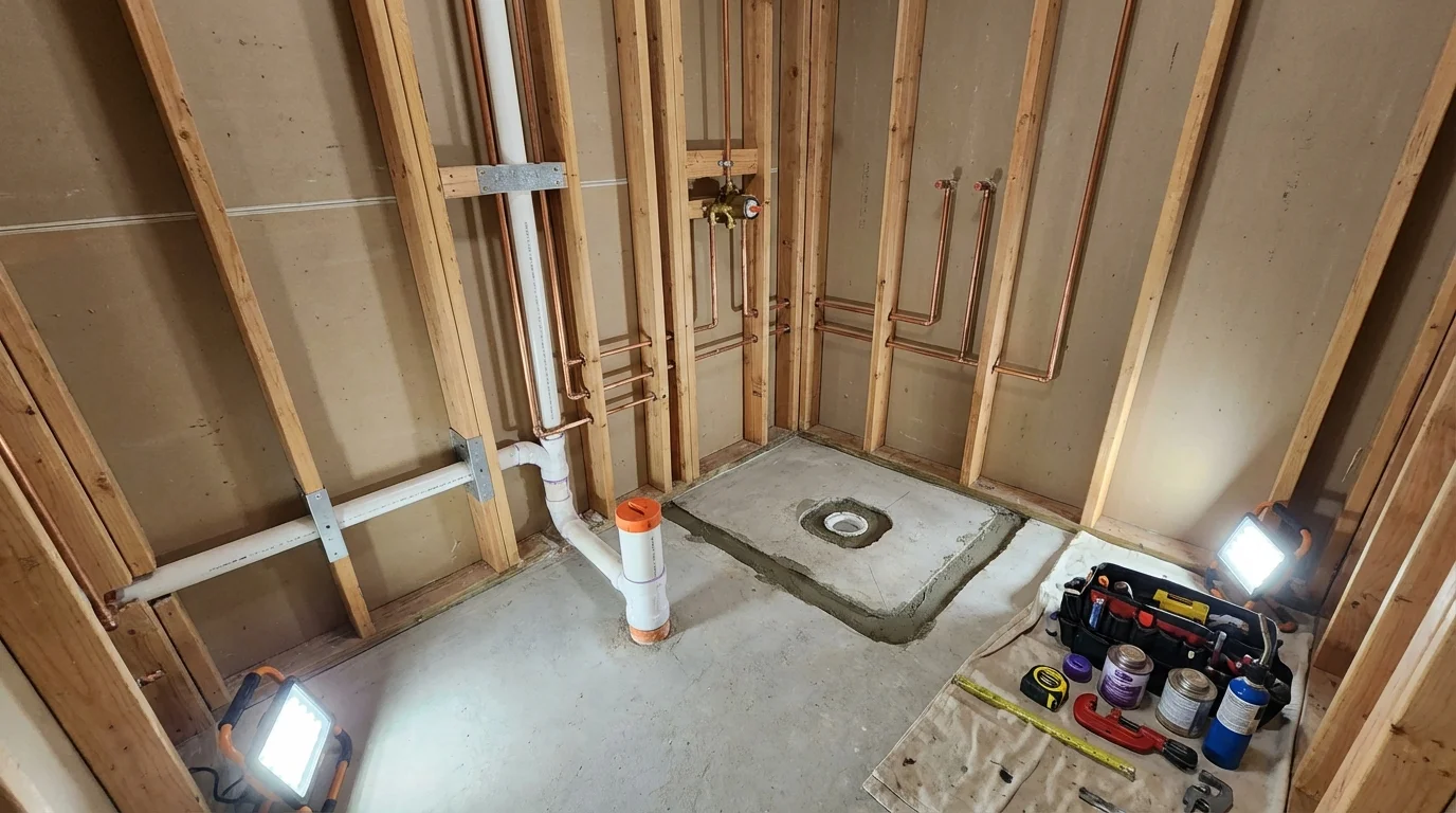 Bathroom rough-in plumbing during remodel by Johns Plumbing LLC in Ocean Shores