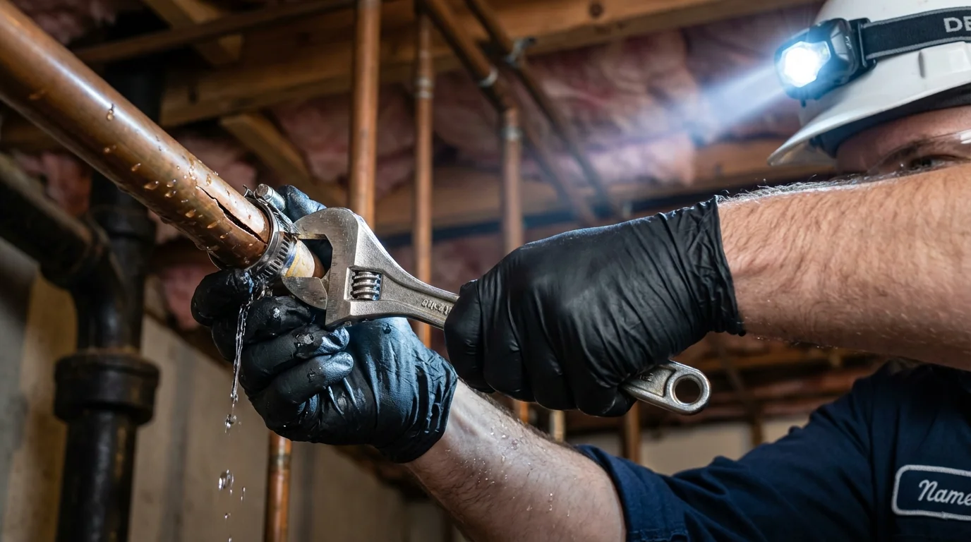 Emergency pipe clamp repair being performed by a Johns Plumbing LLC plumber in Ocean Shores