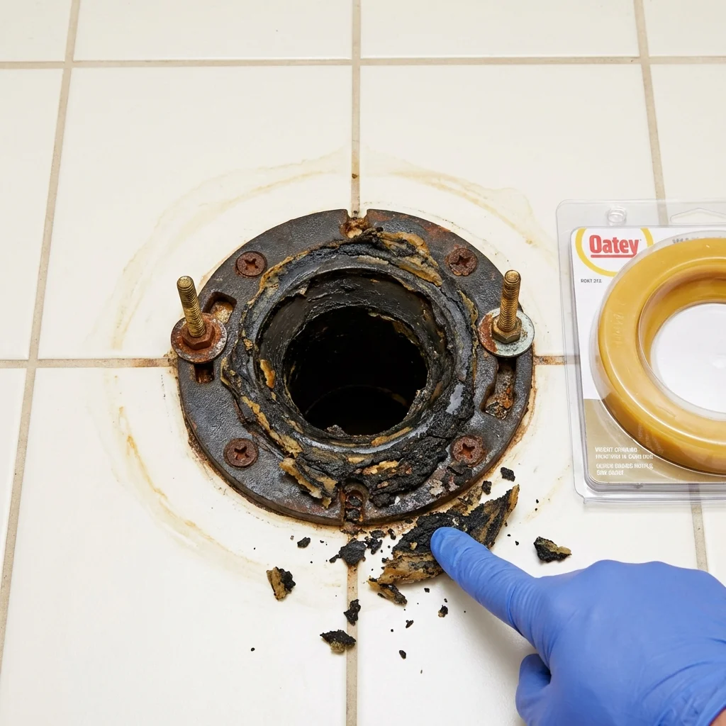 Failed wax ring showing water seepage at the base of a toilet in a Ocean Shores, WA home