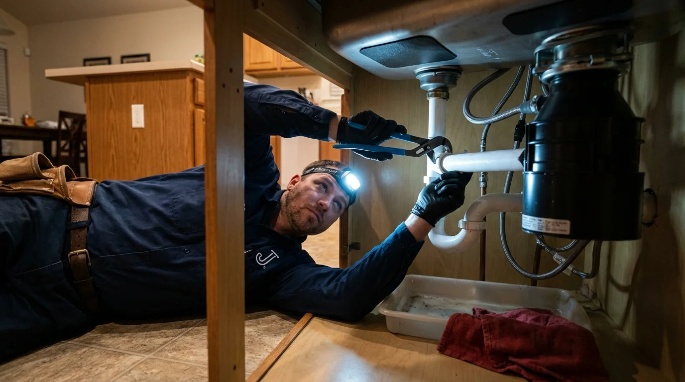 P-trap and supply line connections under a kitchen sink showing a common leak point in Ocean Shores, WA